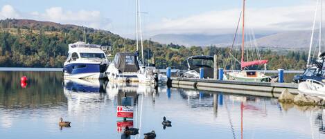 A marina with boats docked, calm water, and a hilly landscape in the background.