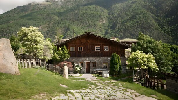 A rustic stone building with a wooden facade, a stone pathway, and a fenced garden. - Apartment 'Masherbrum - Juval Oberortlhof' with Mountain View and Wi-Fi (Juvale)