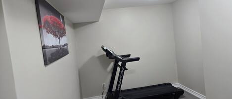 A room with a treadmill, a painting on the wall, and a ceiling light.