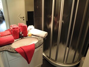 A bathroom with a sink, a mirror, and a shower enclosure. - Edelweiss D 11 # 4-bed apartment, Dusche, WC 4-Bettwohnung, Dusche, WC by Interhome (Leukerbad)