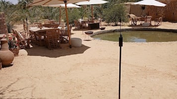 Un'area esterna con tavoli, sedie, ombrelloni e una piccola piscina.