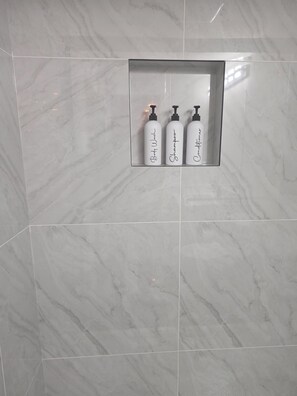 Hair dryer, towels, soap, toilet paper