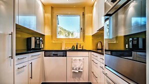 Eine moderne Küche mit Edelstahlgeräten, einem Fenster mit Bergblick und einem gefliesten Boden.