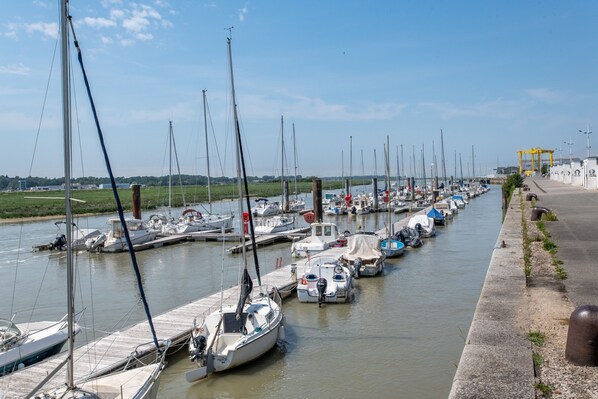 Un port de plaisance avec des bateaux amarrés le long d’une jetée en béton, un ciel dégagé et une zone herbeuse en arrière-plan.