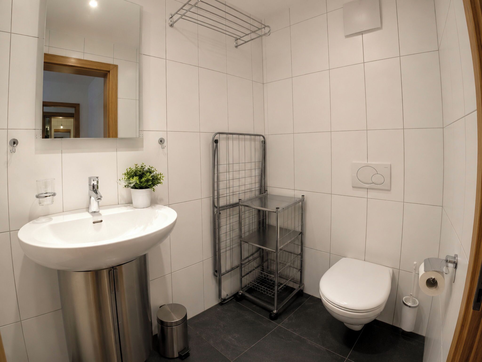 Ein Badezimmer mit weißem Waschbecken, einem Spiegel, einer Topfpflanze, einem Metallregal, einer Toilette und einem Mülleimer.
