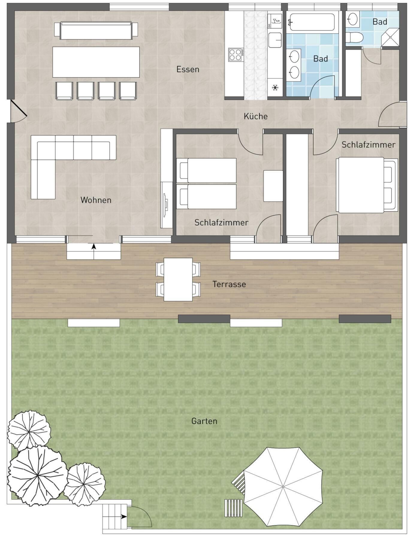 Un plan d’étage comprenant un espace de vie, une cuisine, deux chambres, une salle de bain, une terrasse et un jardin.