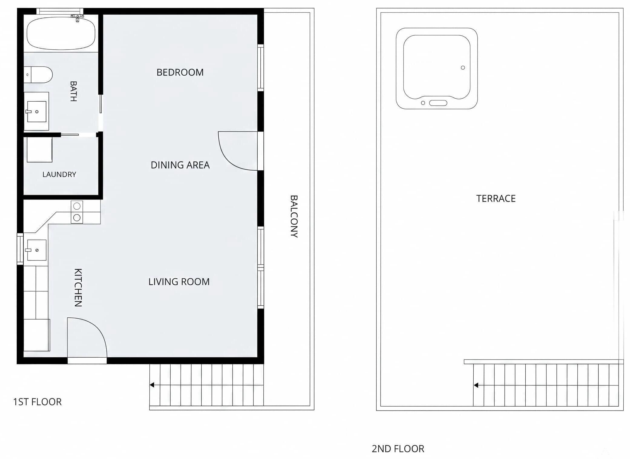 Distribución de un piso primero, con dormitorio, comedor, cocina, sala de estar y balcón.