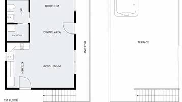Distribución de un piso primero, con dormitorio, comedor, cocina, sala de estar y balcón.