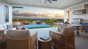A modern outdoor living area with wicker furniture, a pool, and a view of the ocean. - Hali'a Mai Distant Ocean View Koloa Home w/ Pool (Koloa)