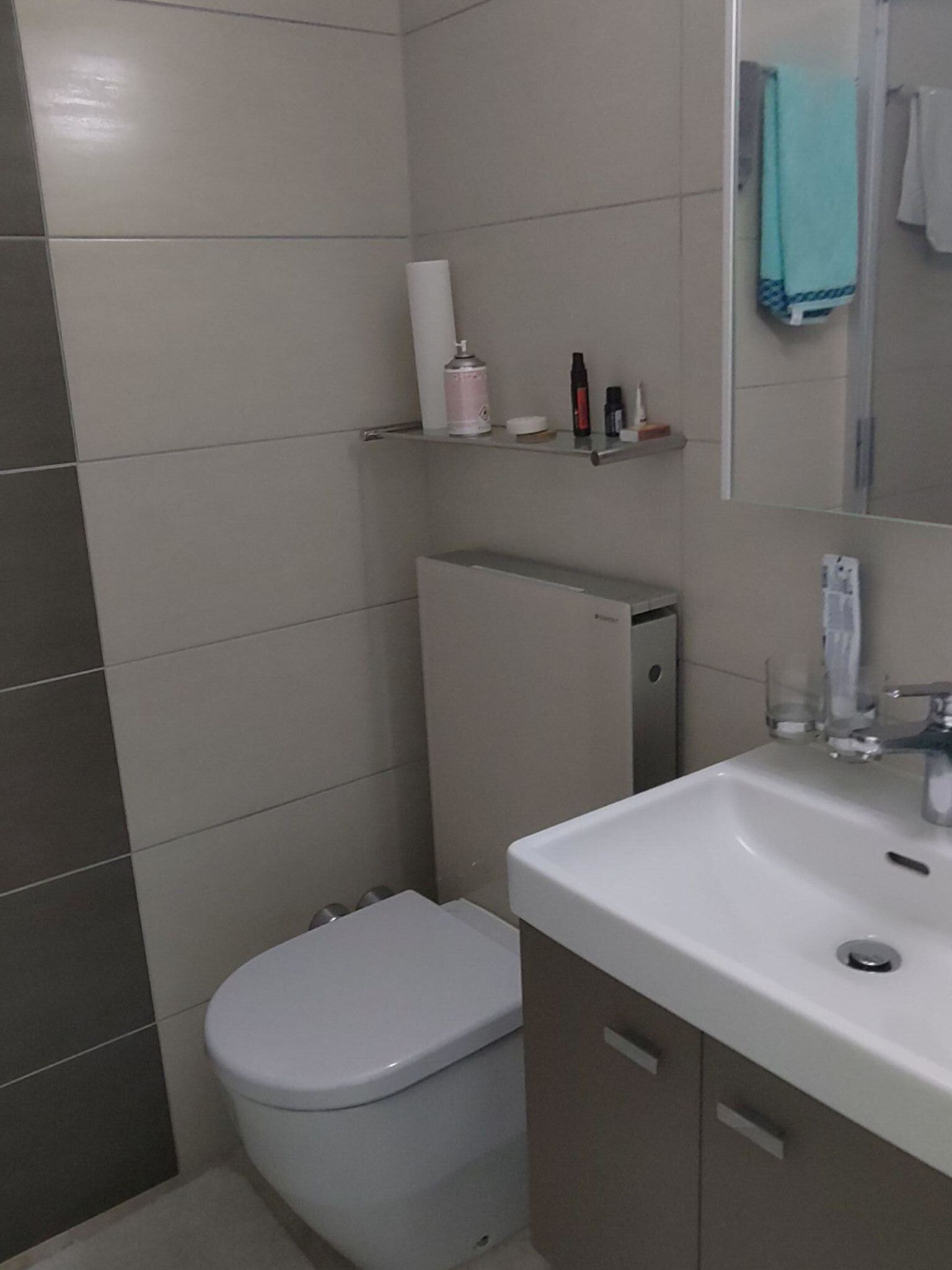 A bathroom with a toilet, a sink, and a mirror.