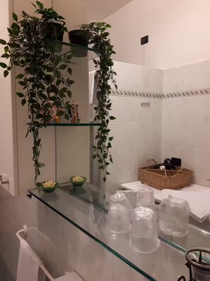Een douche, een haardroger, een bidet, handdoeken