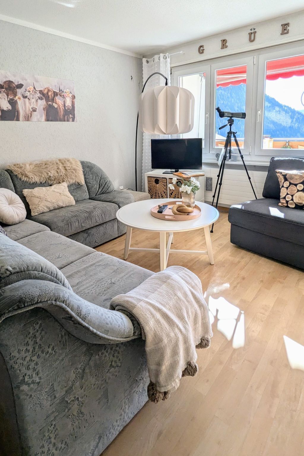 Ett vardagsrum med en grå soffa, ett runt soffbord, en tv och ett fönster med utsikt.