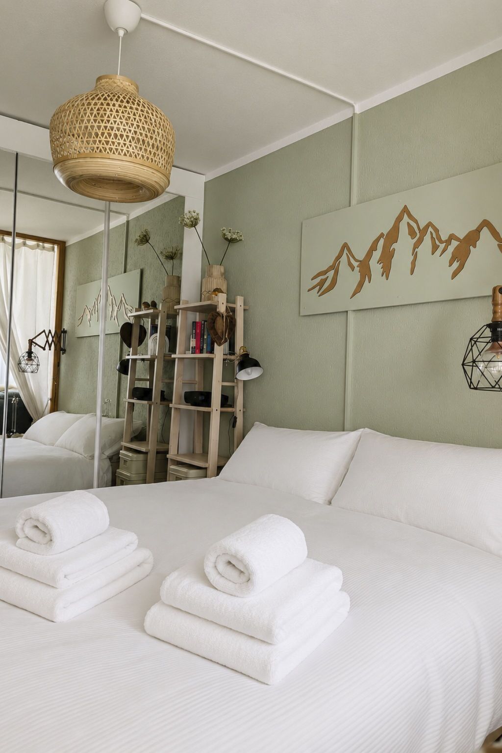Una cama bien tendida con toallas dobladas, una estantería, una obra de arte en la pared y una lámpara colgante.