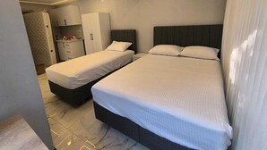 A modern bedroom with two beds, a wardrobe, and a bathroom. - Vizyon Konak (Burhaniye)