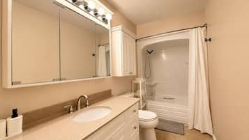 Hair dryer, towels, soap, toilet paper