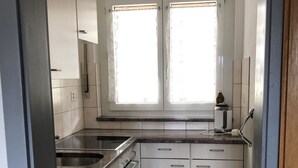 Una cocina compacta con un lavamanos doble, estufa y armarios.