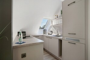 A modern kitchen with a skylight, built-in appliances, and a minimalist design. - Apartment 'Villa Wiese  1' with Lake View, Shared Terrace and Wi-Fi (Katzow)
