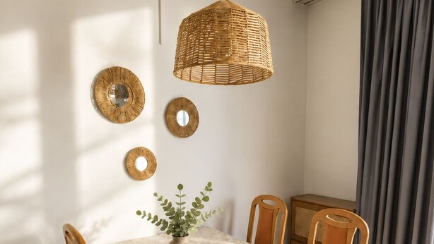 Zona pranzo con tavolo imbandito per quattro persone, circondato da sedie in legno, una lampada a sospensione intrecciata e specchi a parete.