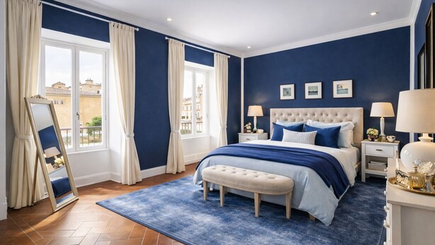 Une chambre à coucher avec un lit, des tables de chevet, un banc, un miroir et des rideaux.