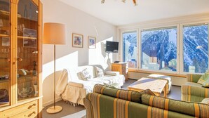 Een gezellige woonkamer met een bank, een houten kast met glazen deuren, een televisie en grote ramen met uitzicht op sneeuw.