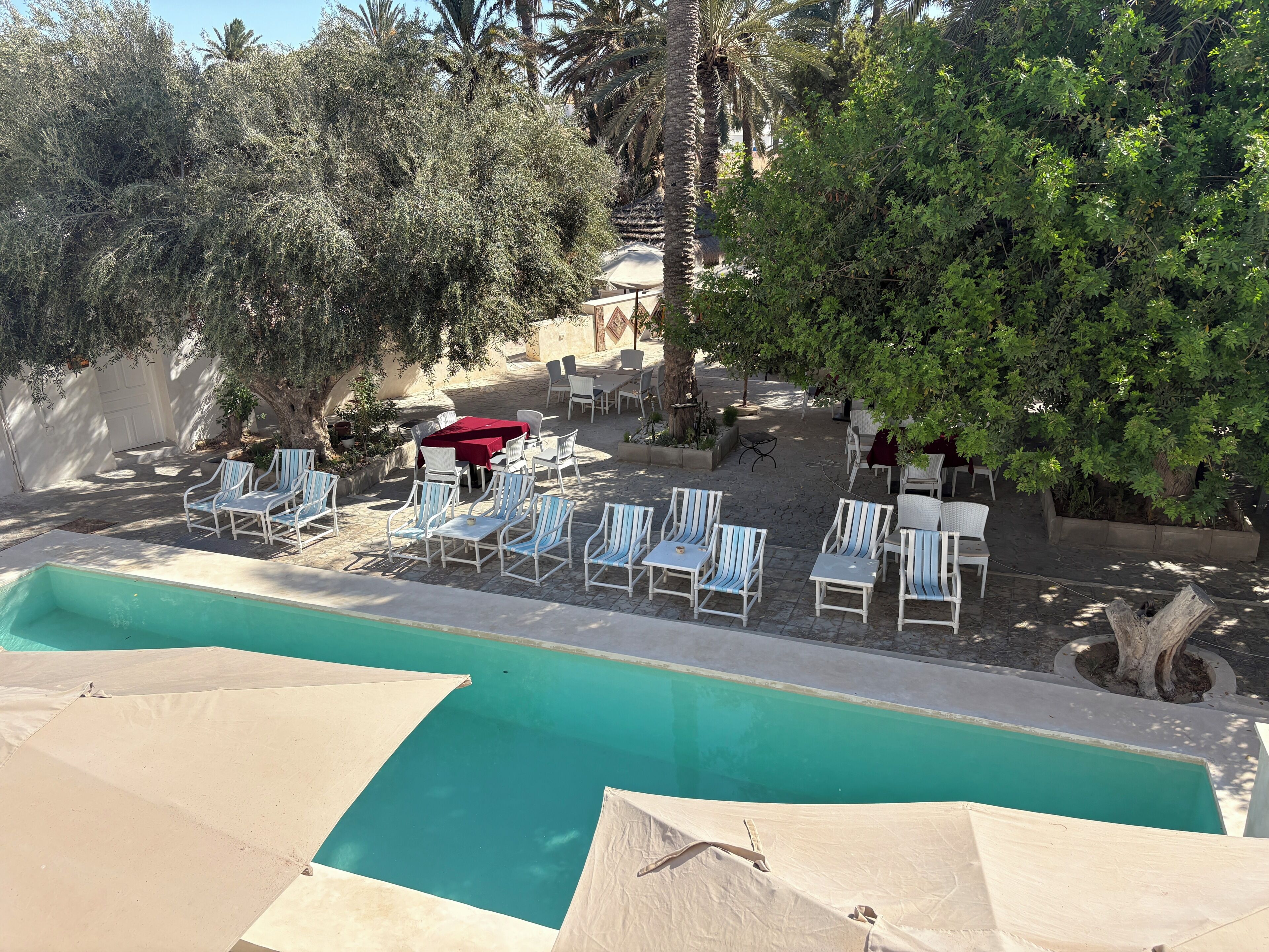 Un área de piscina con sillones de descanso y sombrillas.