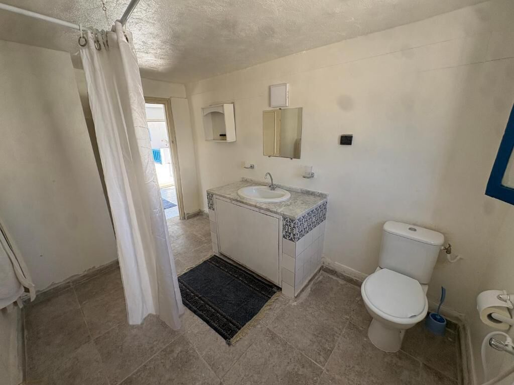A bathroom with a sink, toilet, and a shower curtain.