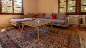 Ein Wohnzimmer mit einer Couch, einem Couchtisch und einem gemusterten Teppich.