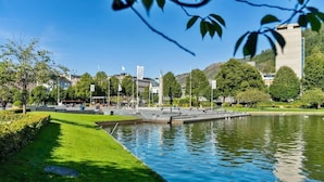 Ein Park mit einem stillen See, Spazierwegen und einer Brücke.
