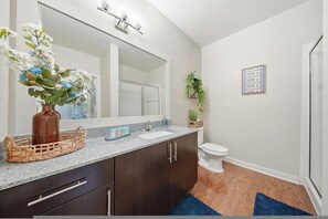 Une salle de bain avec un grand miroir, des meubles en bois foncé, des toilettes blanches et un tapis bleu.