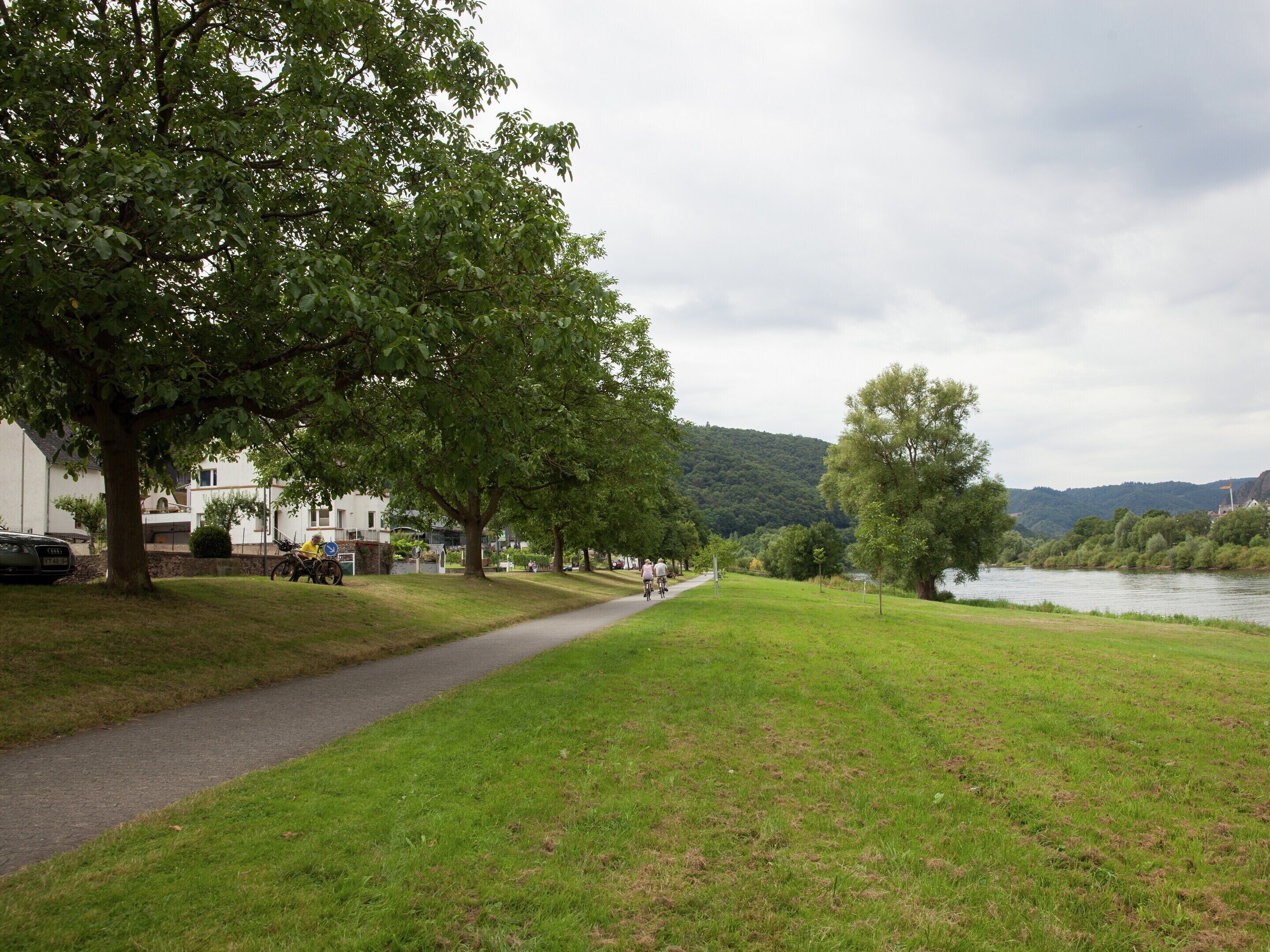 A pathway alongside a river with trees and a view of a hill.