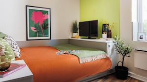 Una habitación con cama, escritorio, computadora, planta y ventana.