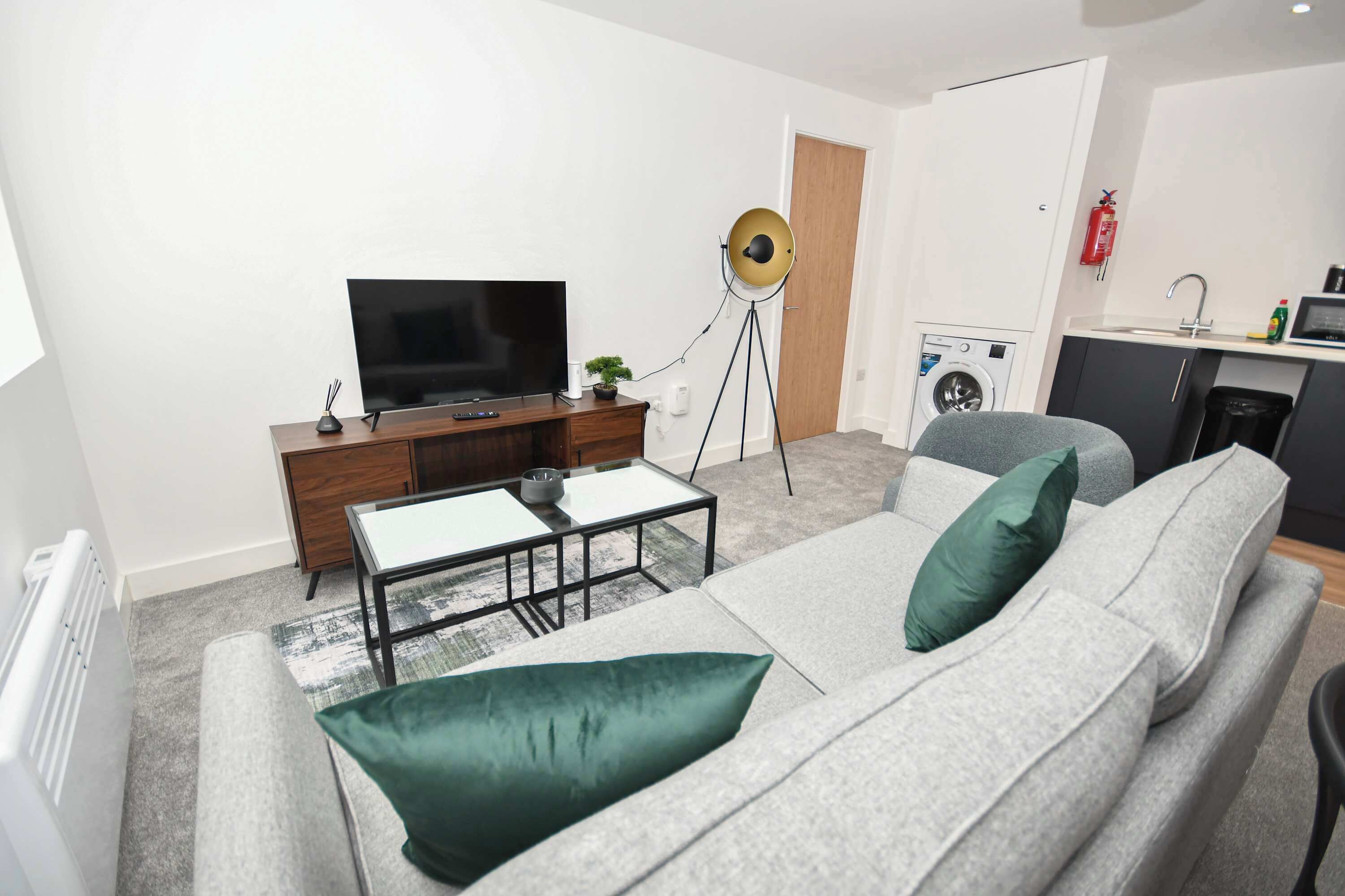 Un salon moderne avec un canapé gris, une table basse, un téléviseur, une lampe sur pied et, au fond, un lave-linge.