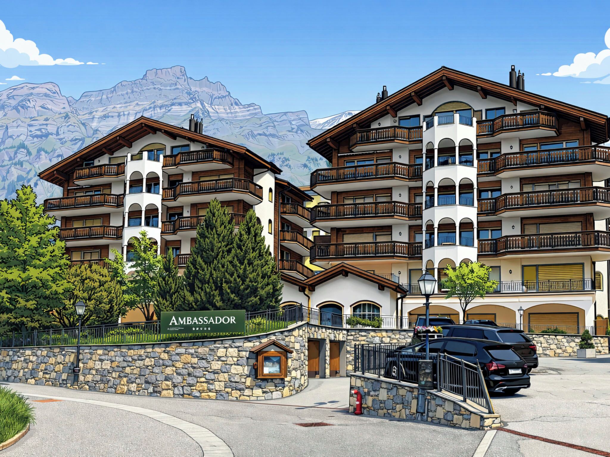 Ein mehrstöckiges Hotel mit Balkonen, einer Steinfassade und Bergblick.