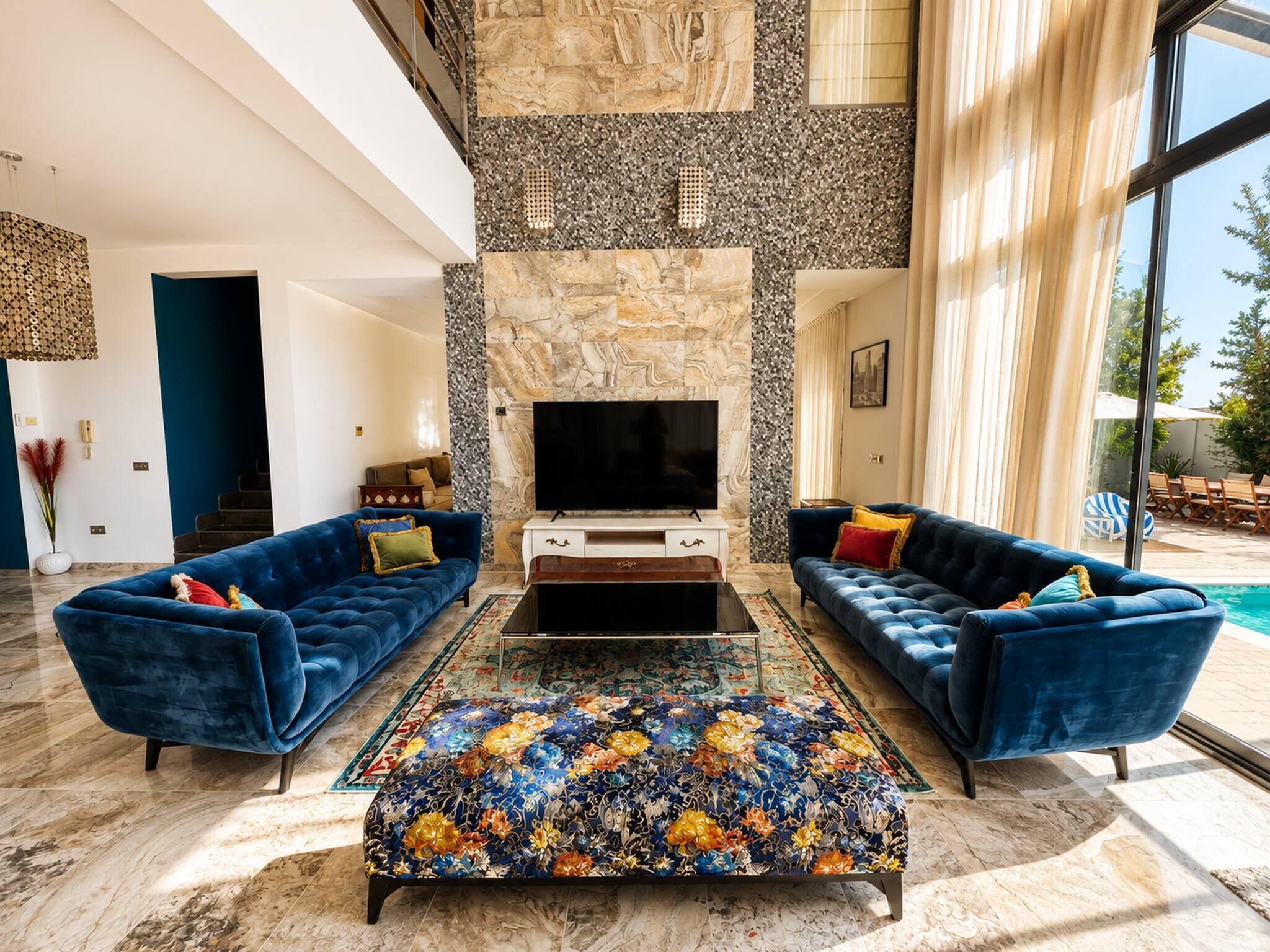 A spacious living area with a large flat-screen TV, two blue sofas, a patterned ottoman, and a stone accent wall.