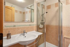 Shower, hair dryer, towels - Apartment 'Maso Bornie Mirtillo' with Mountain View, Shared Terrace and Wi-Fi (Altavalle)