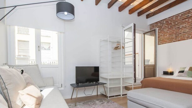 A modern living room with a sofa, TV, and a white shelving unit. - 3-guest Oasis With Scenic Terrace (Madrid)