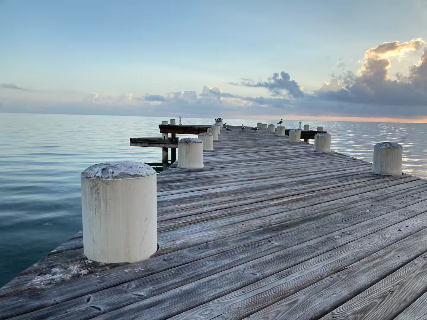 A wooden pier extending into calm water with a bench and bollards.