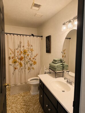 Regadera, toallas, jabón, papel de baño 