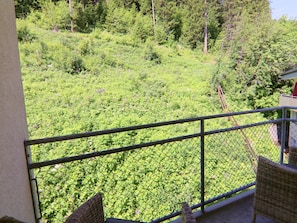 Ein Balkon mit Blick auf einen üppigen, grünen Hügelhang.