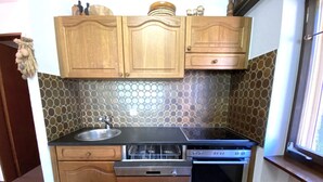 A compact kitchen with wooden cabinets, a stainless steel sink, a dishwasher, and an oven. - Lärchenwald 1803 # 5-bed apartment, Bad, WC 5-Bettwohnung, Bad, WC by Interhome (Leukerbad)