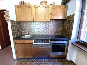 Eine kompakte Küche mit Holzausstattung, einer Edelstahlspüle, einem Geschirrspüler und einem Backofen.