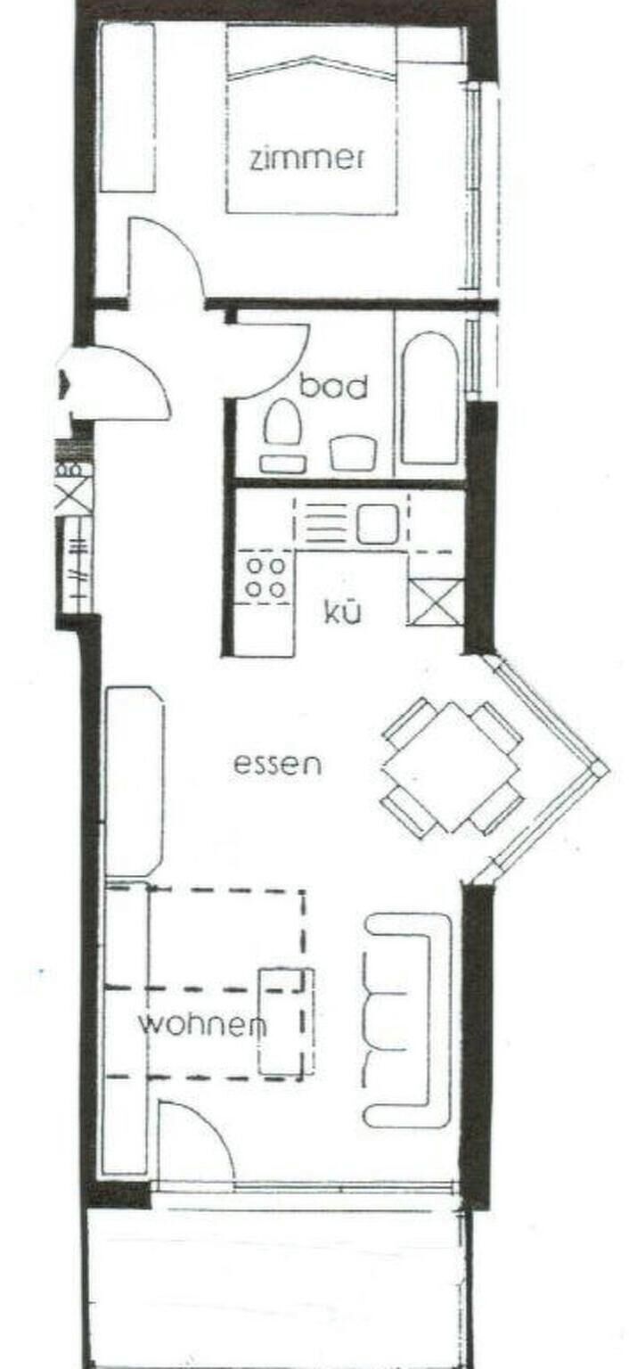 Plano de planta con habitaciones identificadas: sala de estar, cocina, baño y comedor.