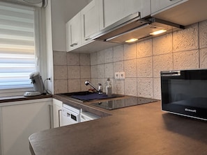 Frigorífico, microondas, horno y placa de cocina