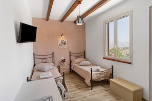 A bedroom with two single beds, a desk, a chair, a TV mounted on the wall, a window with a view, and a hanging light fixture.
