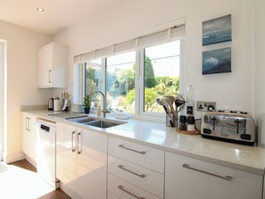 A modern kitchen with a large window, stainless steel appliances, and a view of greenery outside. - Lorrell (Salcombe)