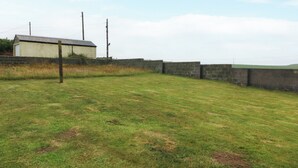 Een begroeiend veld met een gebouw en een stenen muur.