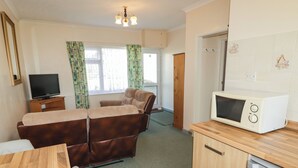 Ein gemütlicher Wohnbereich mit Sofa, Fernseher, Mikrowelle und einer kleinen Küchenzeile.