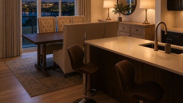 Uma cozinha moderna com uma ilha central, banquetas, iluminação pendente e vista da cidade ao entardecer.