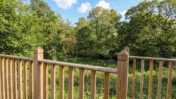 A wooden deck with railings overlooking a forested area.