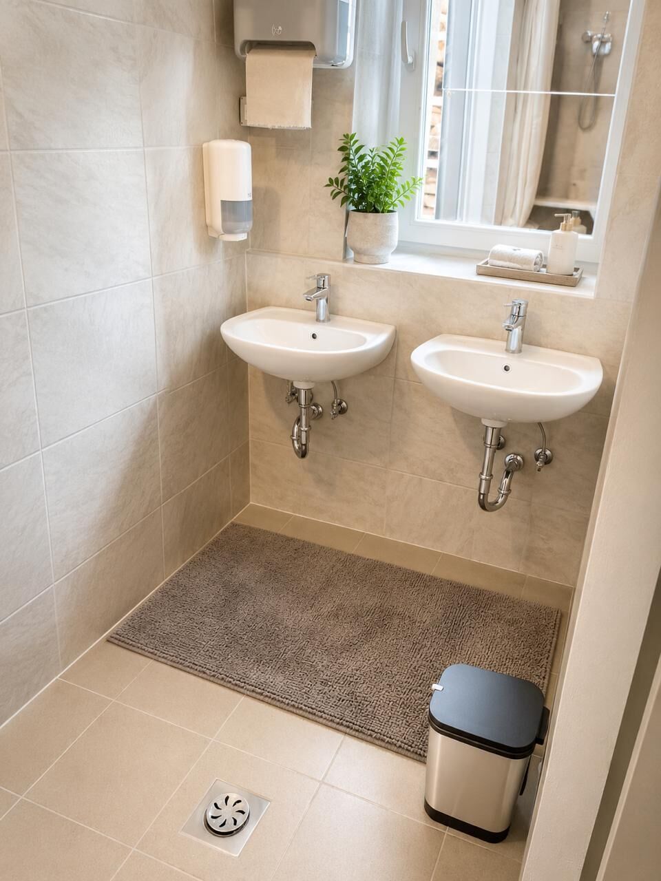Een douche, handdoeken, toiletpapier